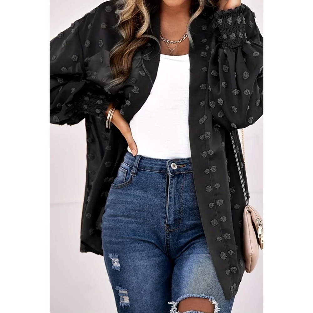 XL Women's long sleeve elastic cuff open blouse kimono black chiffon swiss dots